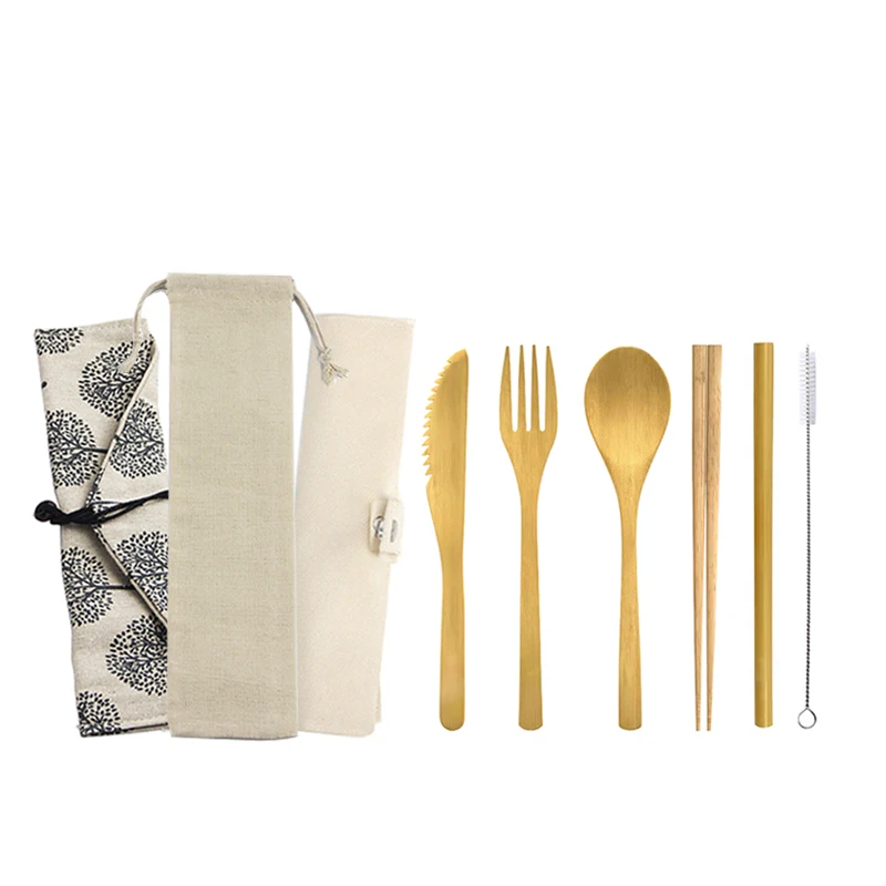 

Wholesale Eco Friendly Biodegradable Portable 6Pcs Bamboo Travel Cutlery Set Knife Fork Spoon Straw With Custom Logo Cloth Bag