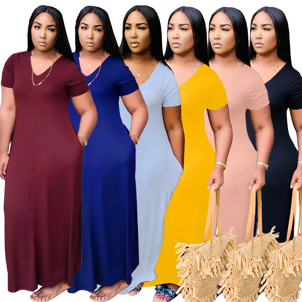 

YT3205 Most popular short sleeve woman summer casual dress fashionable v neck maxi dress casual loose plus size dress summer