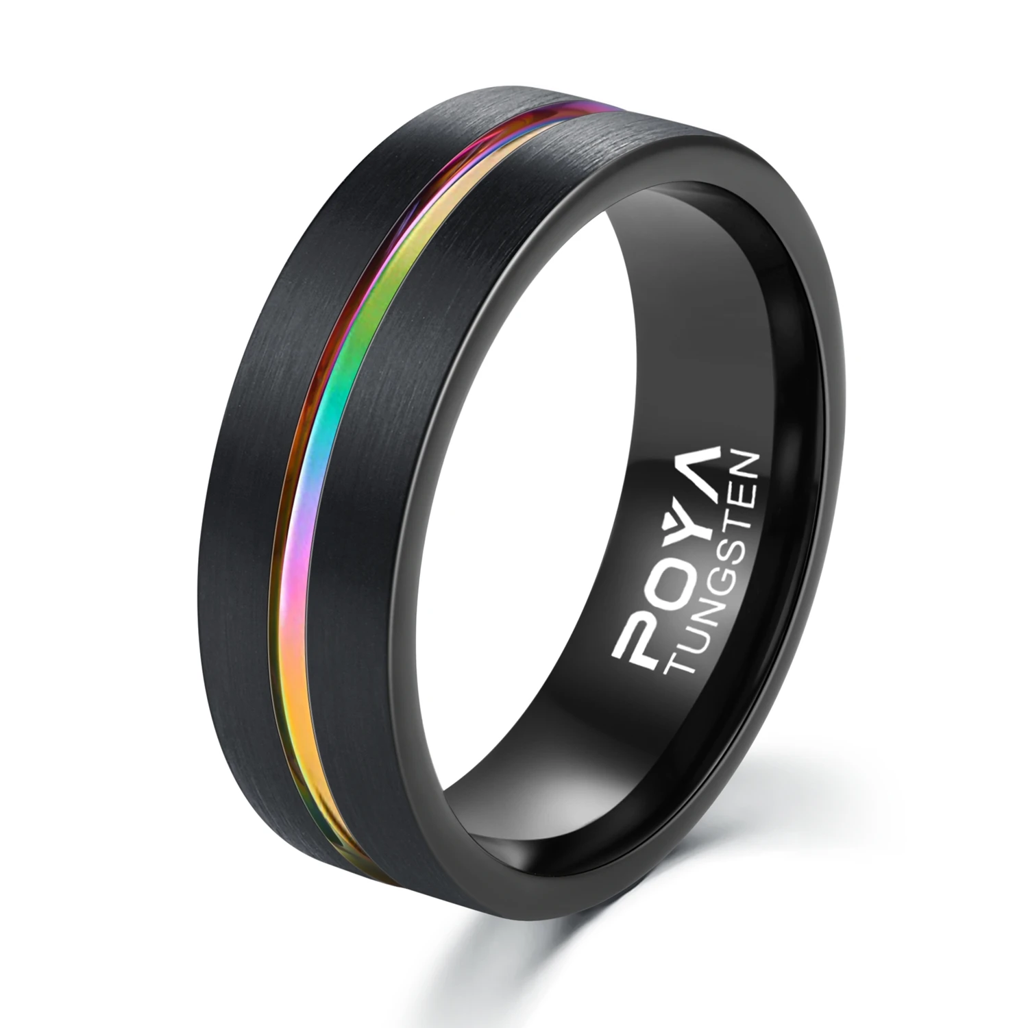 

POYA Jewelry Dull Polished 8mm Black Tungsten Carbide Ring Rainbow Plated Grooved Engagement Wedding Bands For Men Or Women