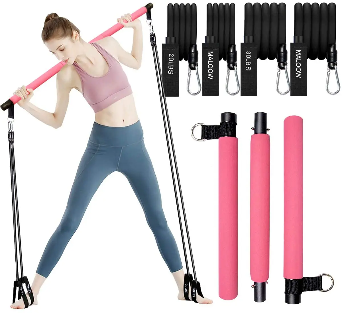 

Adjustable-Length Fitness Home Yoga Exercise Pilates Bar Kit With Resistance Bands, Pink, blue, purple