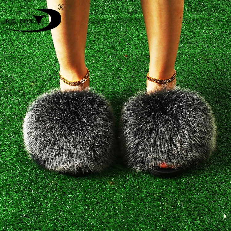 

Wholesale Raccoon Fox Fur Sandals Ladies Indoor Outdoor Women Fluffy Slippers Big Fur Slides