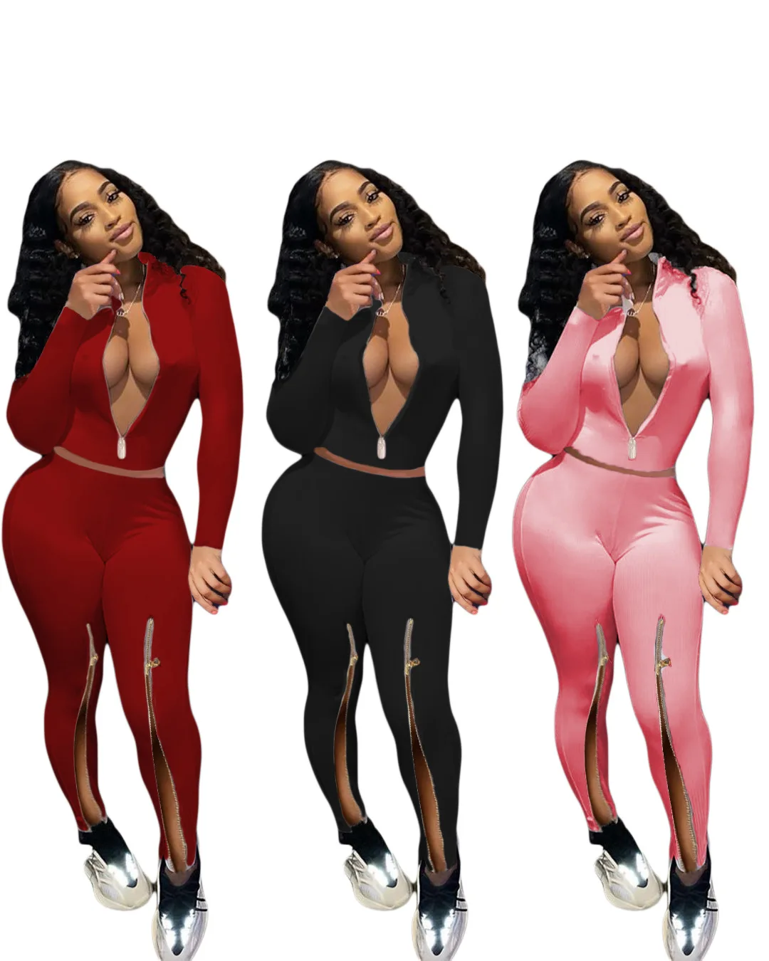 

New Product Women'S Sports Sexy Slim Solid Color Zipper Jumpsuit, Customized color