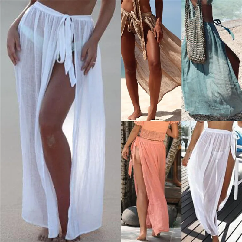

Sexy Women Bikini Cover Ups Swimwear Sheer Beach Maxi Wrap Skirt High Waist Lace-up Split Beachwear Cover Ups Sarong New