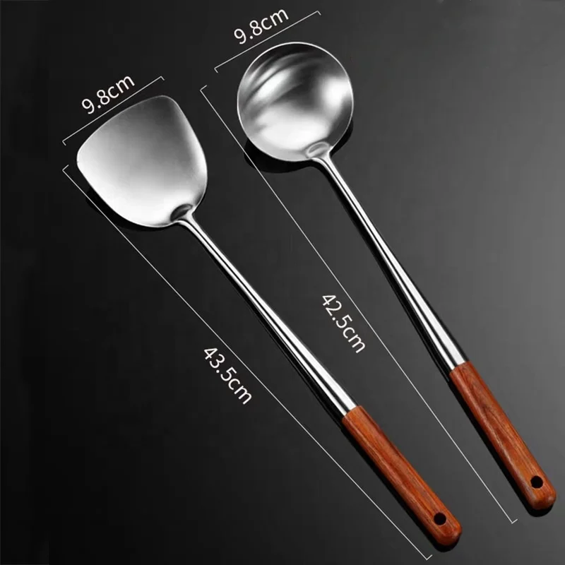 

Long handle 2 pcs set 17 inch Chef Stainless Steel Specialty Chinese Wok Utensil Set Spatula and Ladle with Wooden Handle, Silver