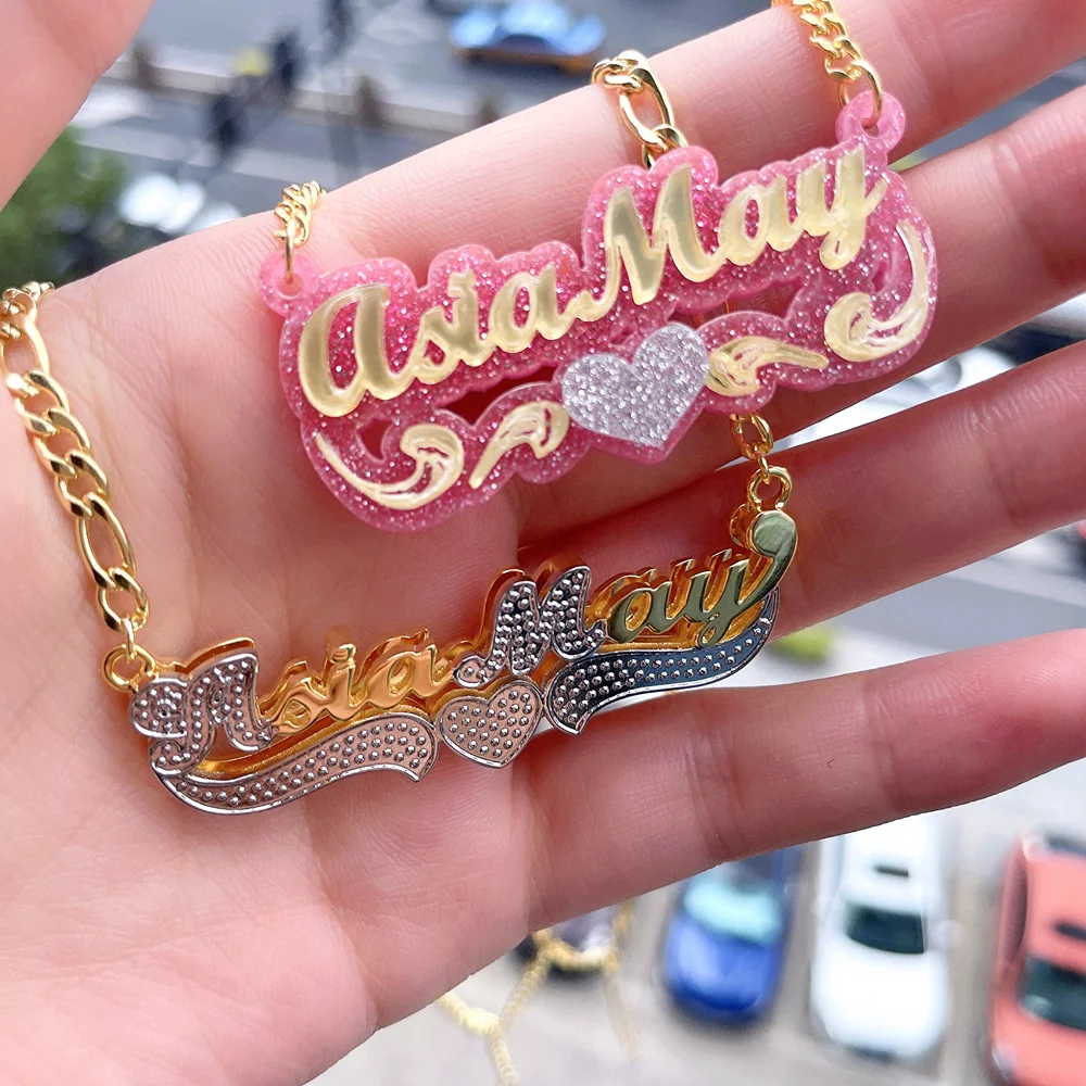 

New Gold Chain Double Plated Women Names Necklace Customized Acrylic Pendant Jewelry Double Nameplate Custom Names Necklaces, Silver,gold,rose gold