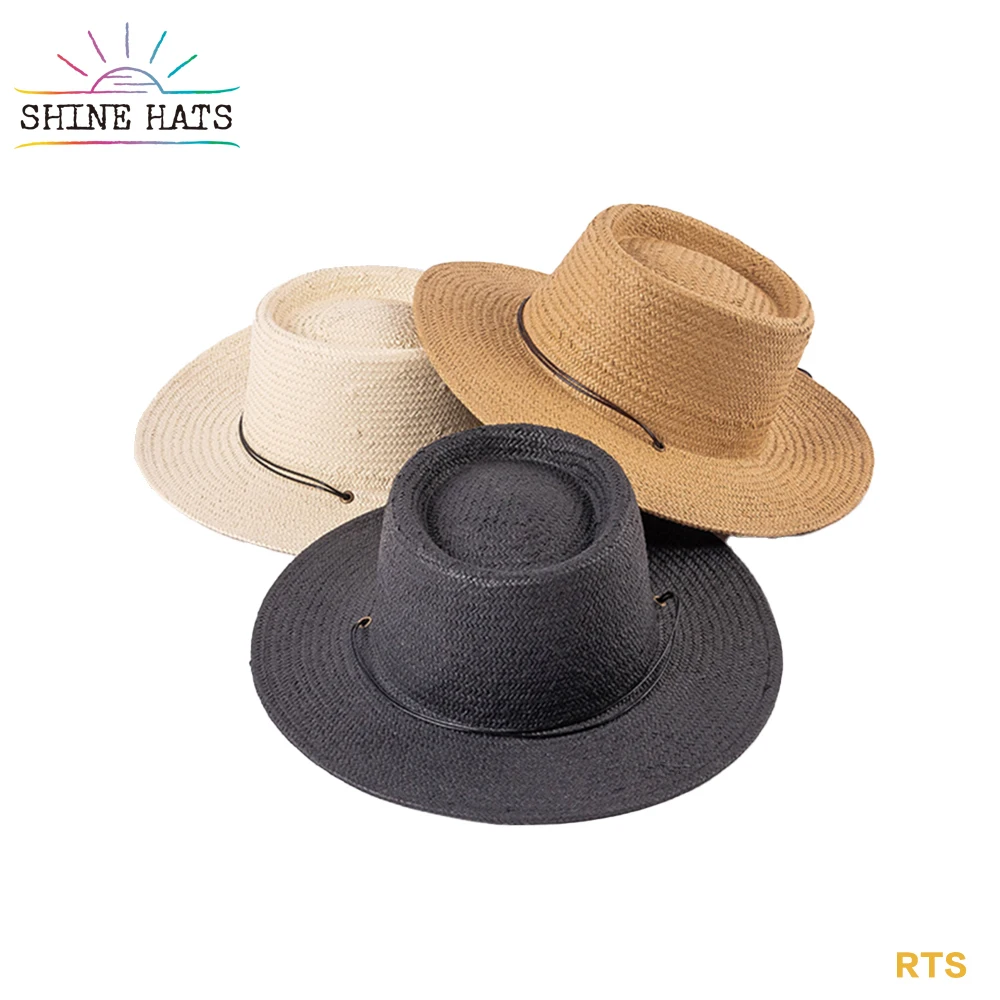 

Shine hats Vintage Paper Grass 10.5cm High Crown Wide Brim Ring Top Pork Pie Straw Hats Women Summer Beach With Ribbon Rope