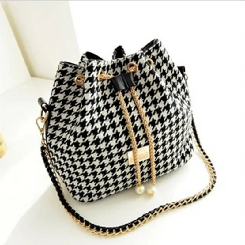 

S22 Plaid Shoulder Purses Sling Canvas Drawstring Portable Single Shoulder Pearl Chain 2021 Bucket Bag