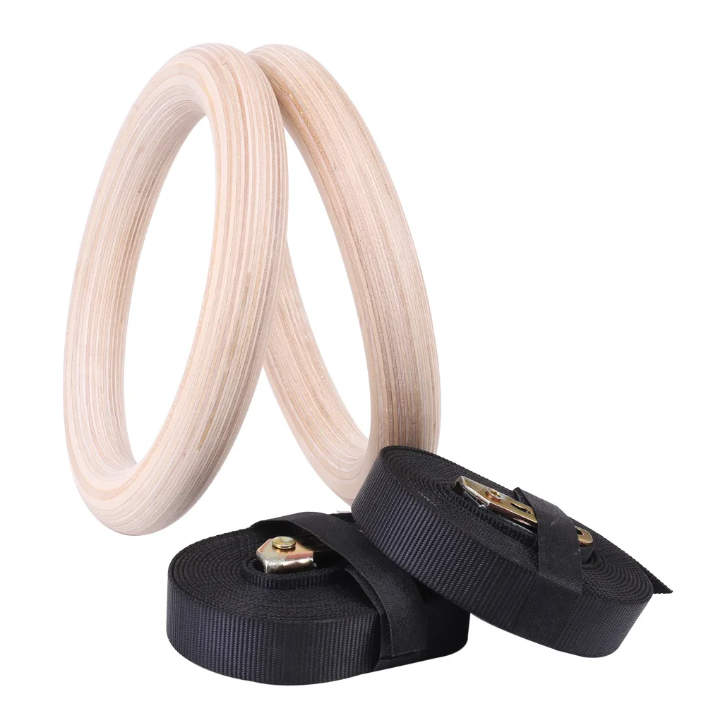 

Fitness Workout Pull Ups and Dips Exercise Gym Wooden Gymnastic Rings with Numbered Straps