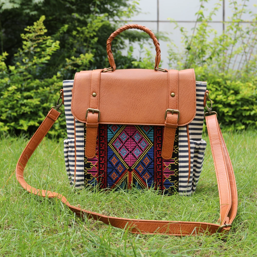 

High Quality Embroidery Stripe Canvas Women Aztec Backpack Convertible Aztec Backpack Purse Women shoulder bag, As pics