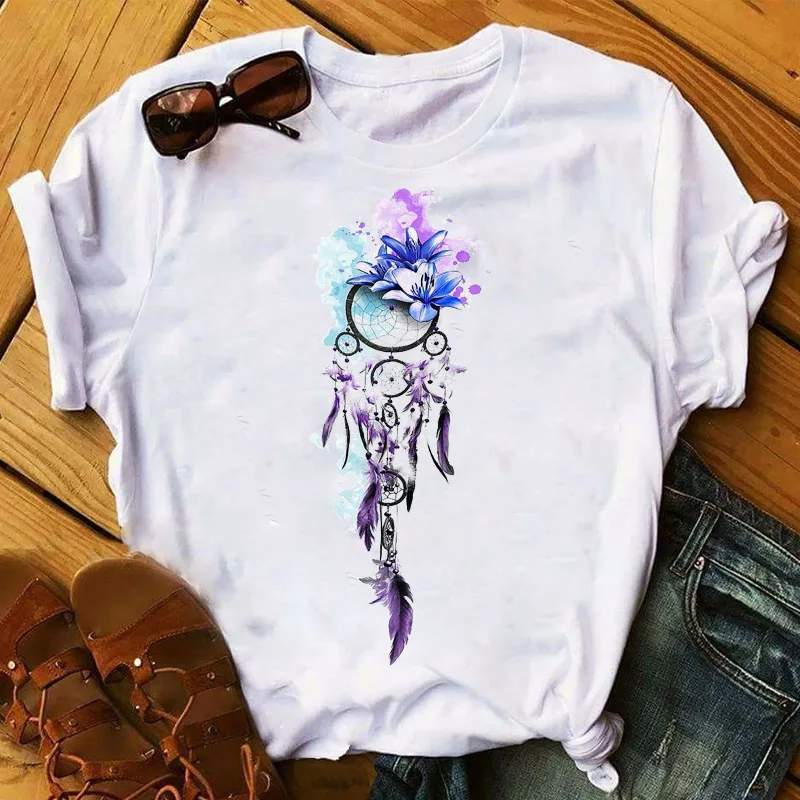 

Plus Size Flower dream catcher print pattern T-shirt oversized graphic t-shirt women Flower pattern printing White T Shirt, Solid color