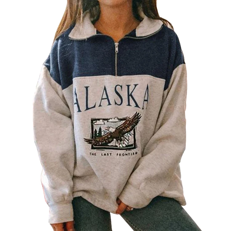 

Loose Zipper Pullover Splicing Sweatshirt Hoodie Alaska Printed
