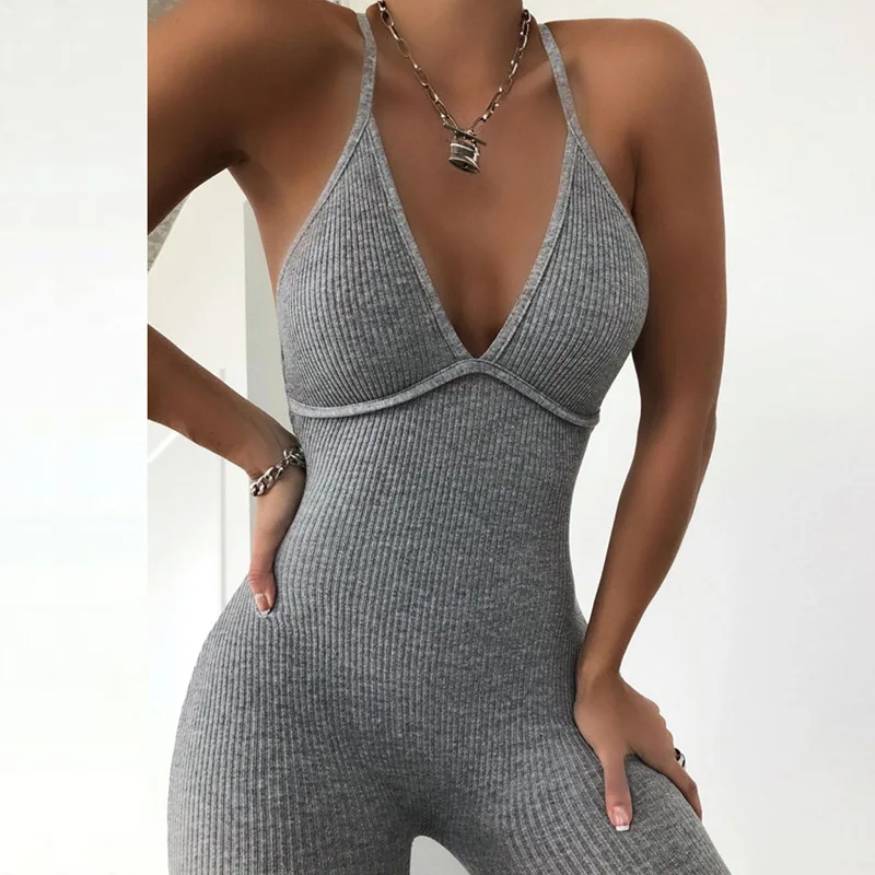 

Factory directly solid color rib fabric short backless sexy rompers bodycon jumpsuit for woman