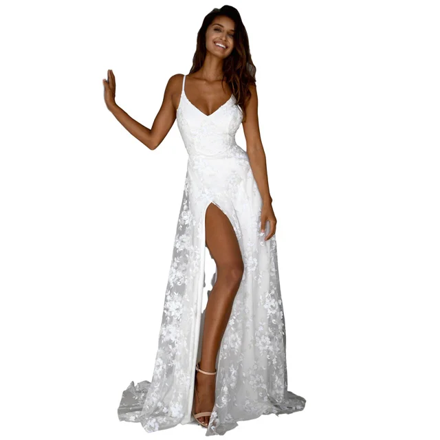 

Elegant V-neck White Lace Embroidered Spaghetti Strap Backless Slit Bridal Gown Long Wedding Dress
