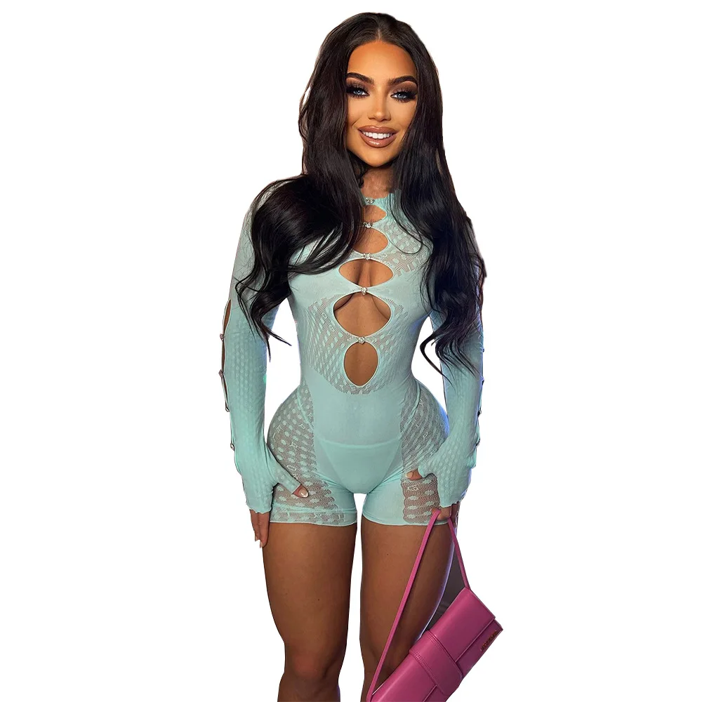 

2022 new arrival summer collection long sleeve hollow out romper asymmetrical women sexy play suit