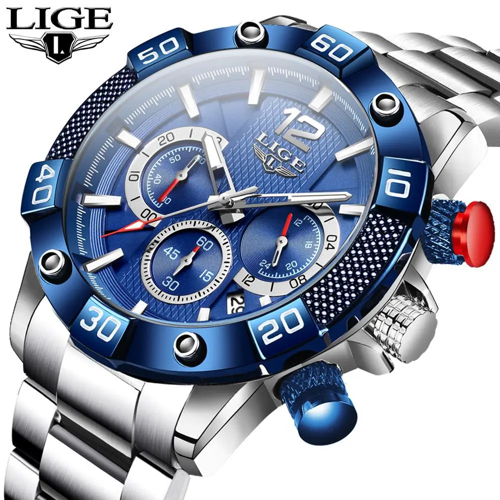 

2021 New LIGE 10030 Watch Male Simple Quartz Full Steel Luxury Clock Men Chronograph Waterproof Wristwatches Relogio Masculino, 8-colors
