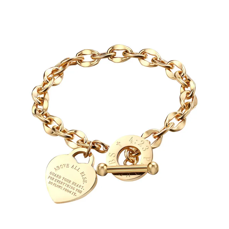 

OT Clasp Gold plated Women O Word Chain Love Bible Proverbs Heart pendant stainless steel jewelry Bracelet, Gold color