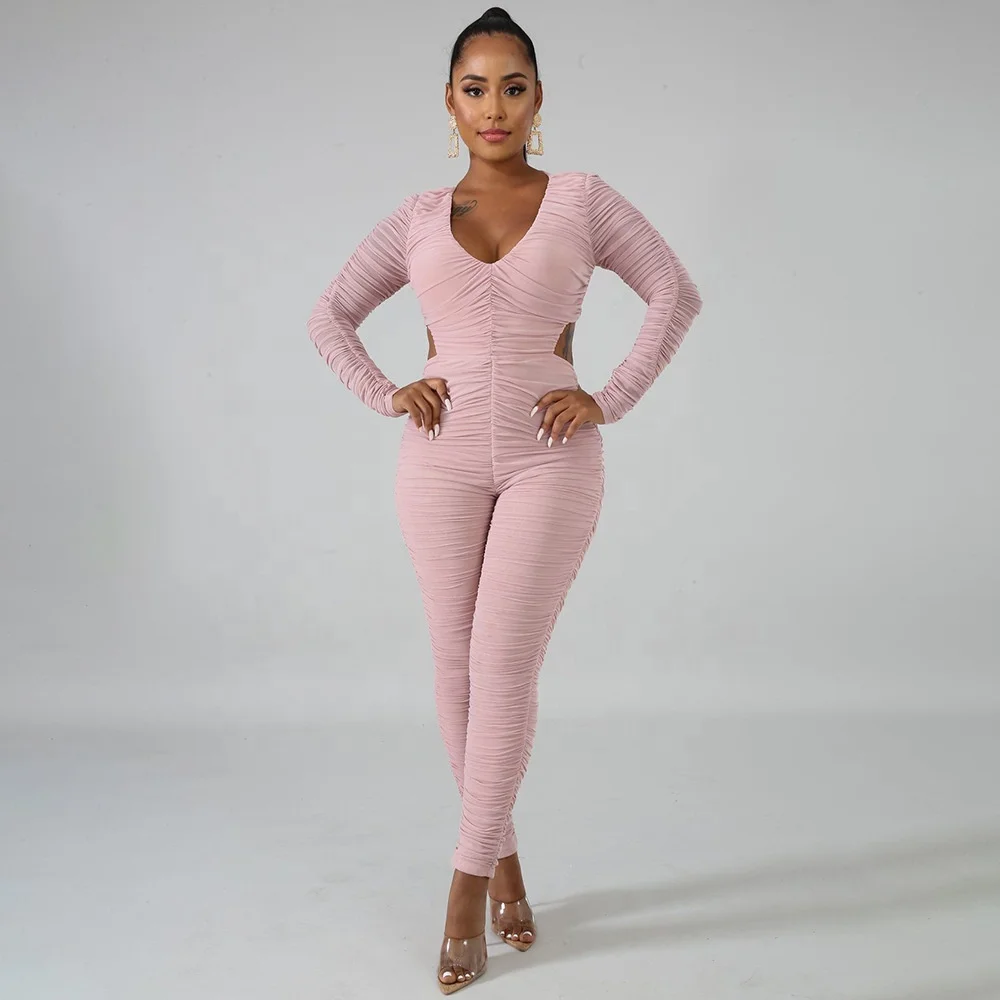 

B51258A European style women sexy V-neck pleated hollow out skinny jumpsuit, Pink