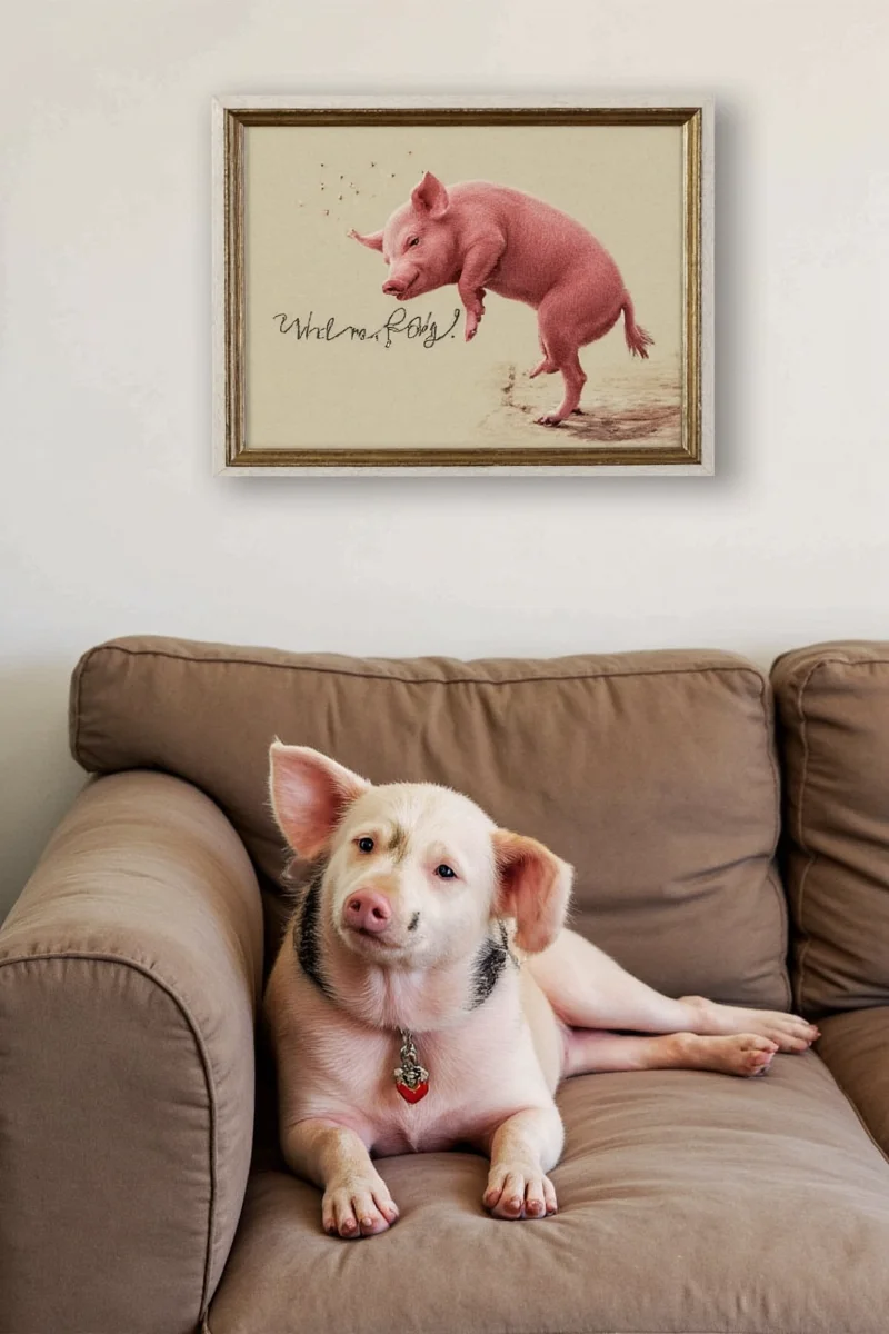 A set of three vintage pig posters framed in rustic wood mounted on a white brick wall