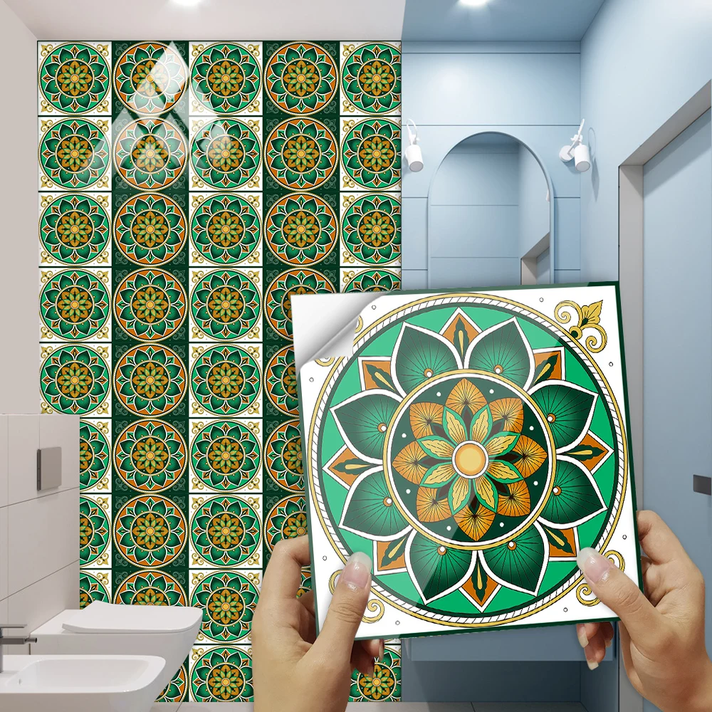 

30cm Green Mandala Style Crystal Hard Film Tiles Sticker Bathroom Living Room Decor Wall Stickers Self-adhesive Wallpaper