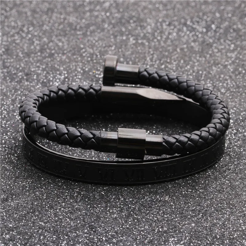Braid Leather Nail Bracelet Solid Stainless Steel Screw Nail Bracelets ...