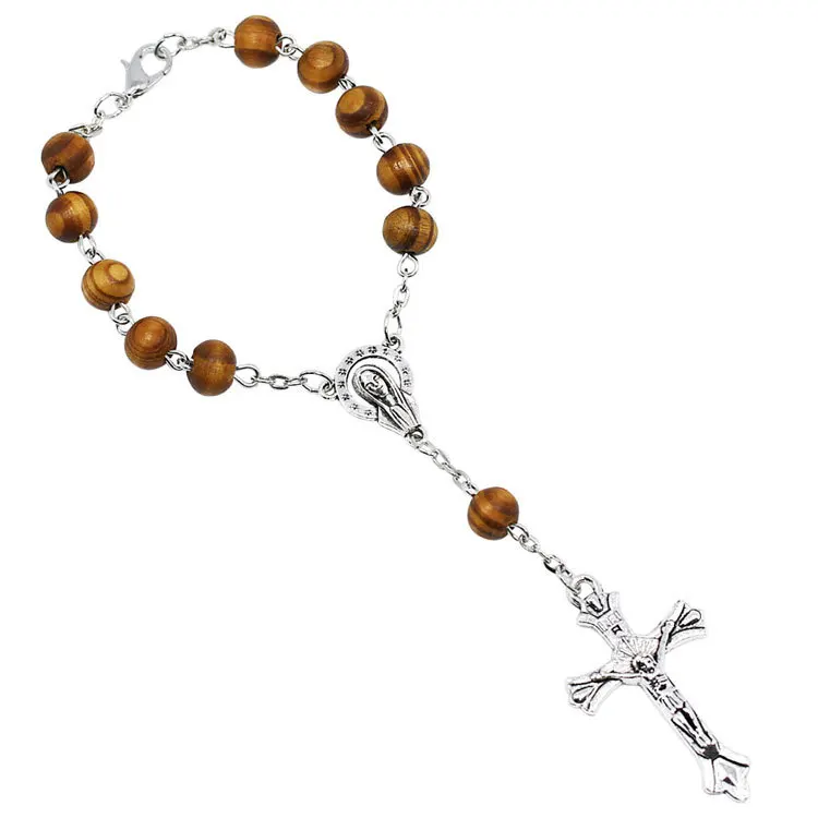 

G88 Jewelry Catholic Christian Rosary Wood Bead Bracelet Car Hanging Virgin Mary Pine Wood Cross Bracelet