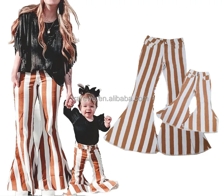 

Fashion Mommy and Me Fall Bell Bottom Baby Girls Orange White Striped Flare Jeans for Cute Kids, As pic