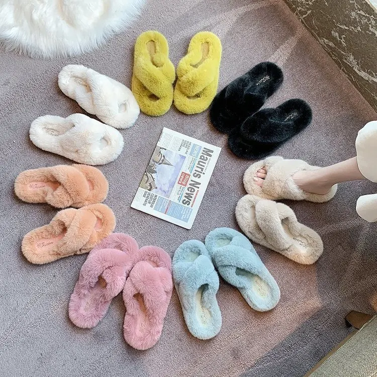 

Fashion Warm Faux Fur Pink Fluffy Winter Plush Fuzzy Indoor Home Slippers For Women, Customized color