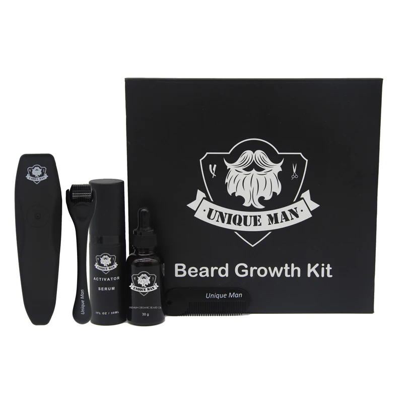 

Best 100% natural premium mens custom private label beard care tool kit beard derma roller organic beard oil growth grooming set, All black or custom color