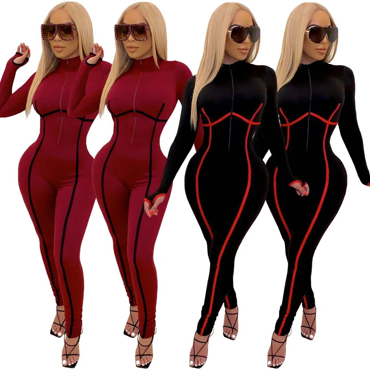 

New Autumn High Quality Casual Sport Workout Solid Zipper Outwear Clothing 2022 Solid Color One Piece Bodycon Jumpsuit