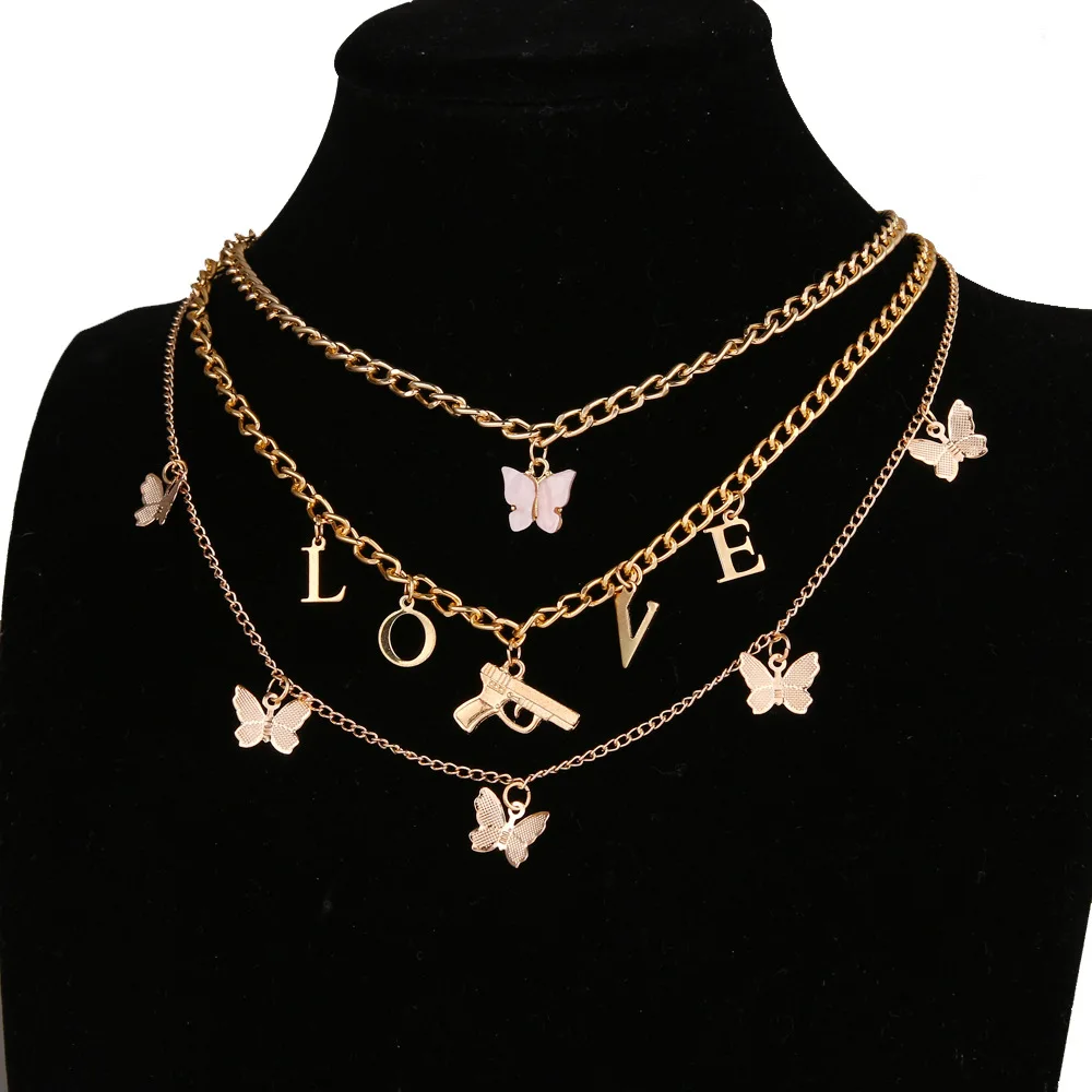 

Bohemian Multilayer Necklaces For Women Men Gold Butterfly Portrait Coin Cross Crystal Chokers Necklace Trendy New Jewelry Gifts, Picture shows