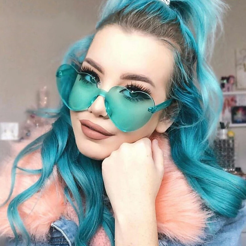2020 Elva jewelry fashion Women candy color rimless tint clear lens glasses red pink yellow shades love heart shape sunglasses