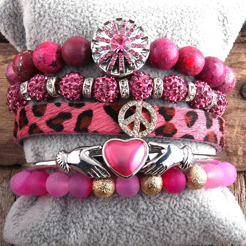 

Women Bohemian Jewelryes Gift DropShip Boho Jewelry Valentine Gift Pink Stone Bracelet & Heart Cuff Bangle 5pc Bracelets Sets