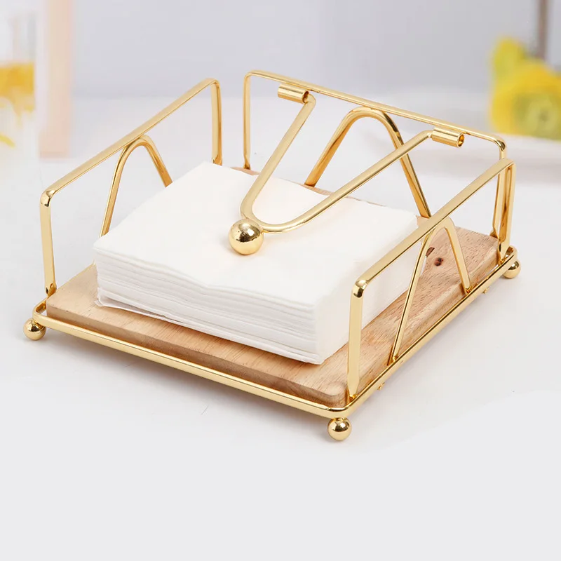 

Luxury Tissue Box Restaurant Cafe Hotel Dining Table kitchen Wood Metal Square Tissue Storage Box Napkin Holder With Ball