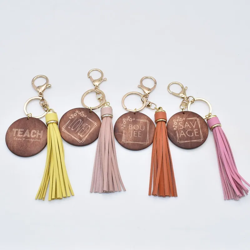 

Wofish 2022 Engraved Wooden sublimation TEACH GIGI BOUJEE LOVED Disc with Leather tassel mama keychain for women her gift