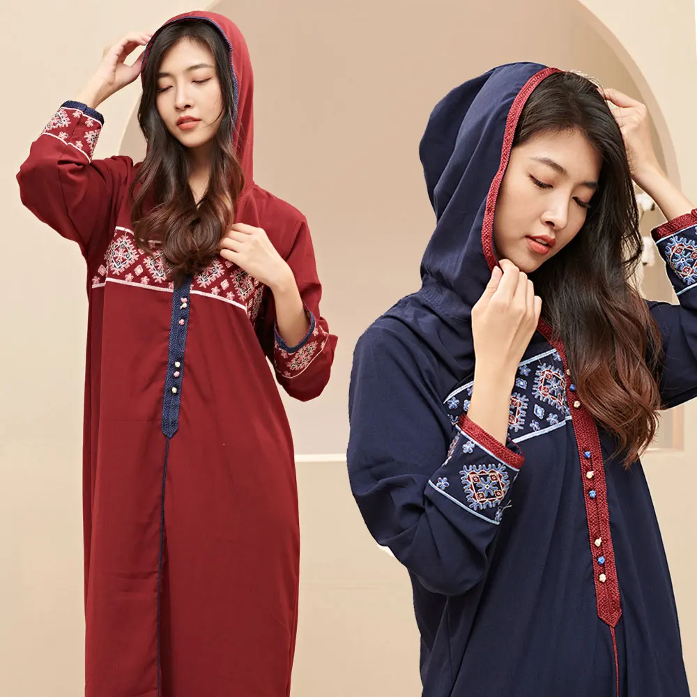 

New Arrivals Soft Embroidery Long Sleeve Kaftan morrocan Elegant Muslim Dress Hood Maxi Dresses Islamic Clothing for Womens, Picture color