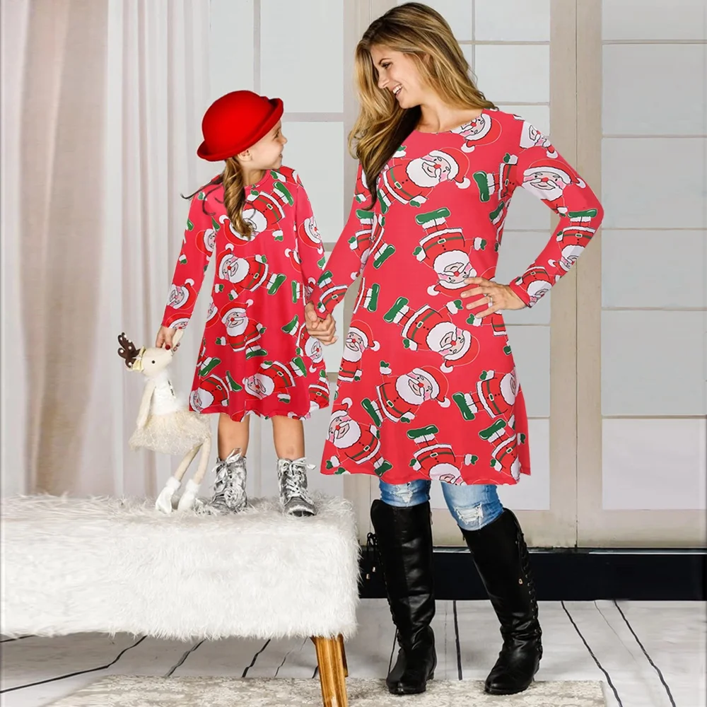 

Fashion Long Sleeve Cartoon Print Christmas Women Dress Casual Plus Size, Picture color