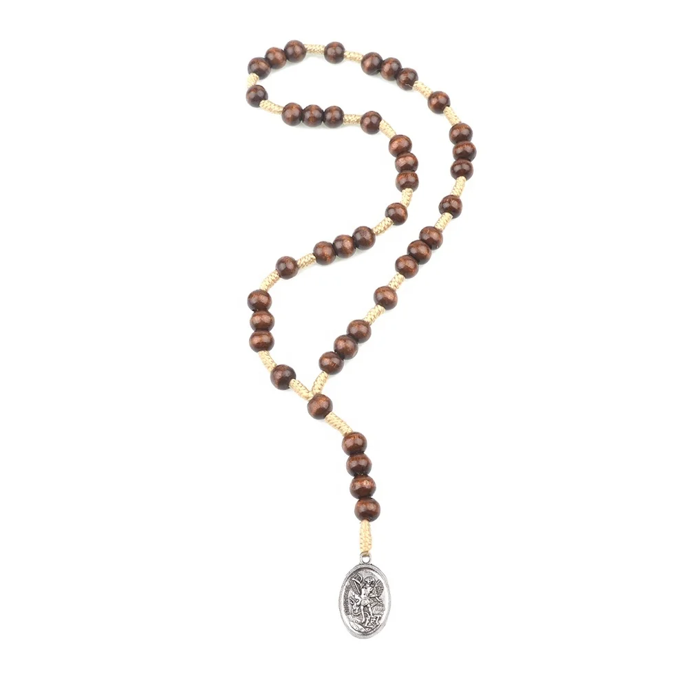 

Wooden Beads Catholic San Miguel Medal Corded Rosary Chaplet of St Michael The Archangel, Brown