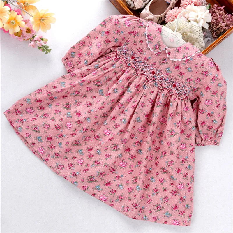 

C05860 infant baby girl dresses long sleeve smocked floral flower hand made peter pan collar children wholesale kids clothing