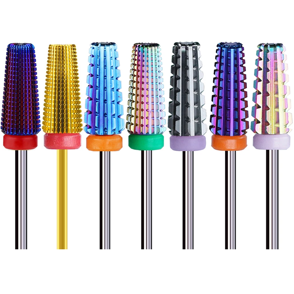

Free Shipping Cone Milling Cutter 5 In 1 Tungsten Barrel Carbide Nail Drill Bits with End Cut Rainbow Tornado Cuticle Burr