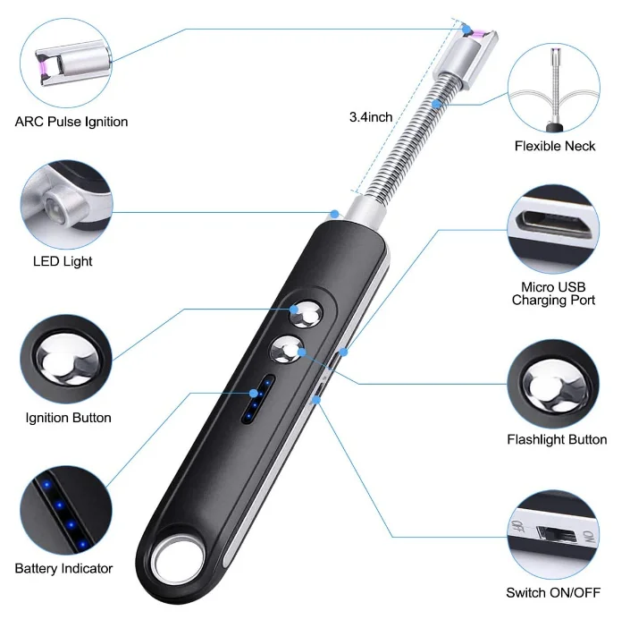 Electric Lighter with USB and LED Flashlight, Rechargeable Lighter, Long Arc Flexible Lighter for Candle, Camping