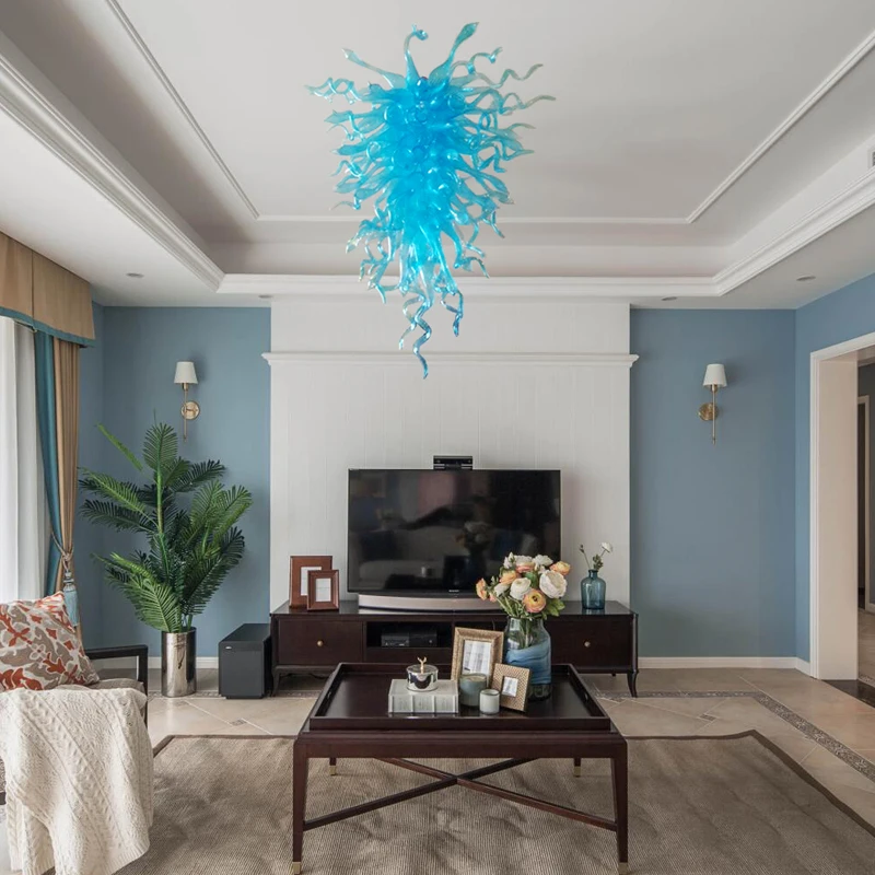 

Fancy Italian Design Art House Villa Decor Light Blue Blown Glass Chandelier Light, Customized