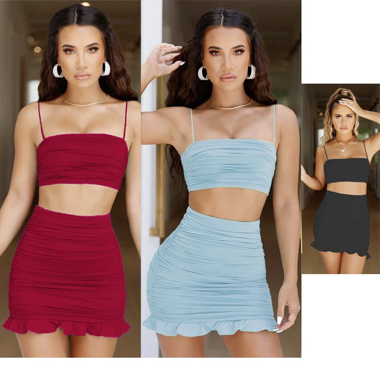 

Free Shipping two piece strap crop top with mini dress New Design Fashion Clothes Casual Wear Summer Party Lady Dress