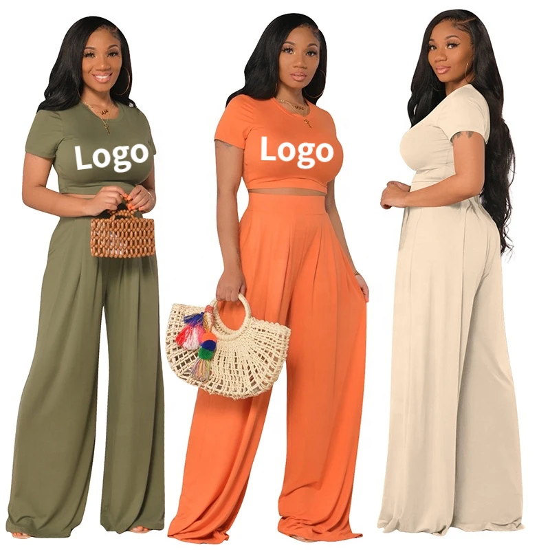 

Wholesale Solid Color Comfortable Short Sleeve Loose Crop Top And Wide Leg Full Length Straight Pants Two Piece Set