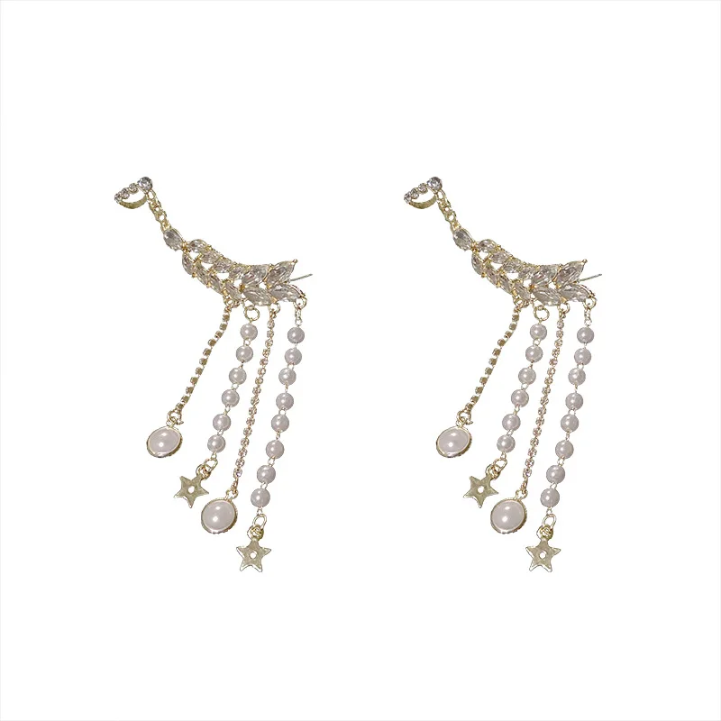

2021 Sailing 925 Silver Needle Clip Retro Temperament Earrings Star Clip Earrings Diamond Pearl Tassel Earrings