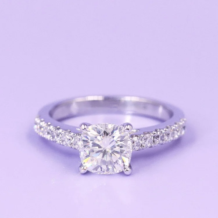 

14k white gold 6.5mm cushion cut super white D color moissanit diamond real gold ring for women