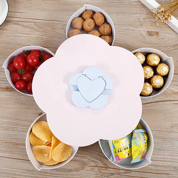 

DIY Design New Collection Flower Shape Rotating Kids Gift Plastic Candy Box, Plastic Dried Fruit Plate, Gold