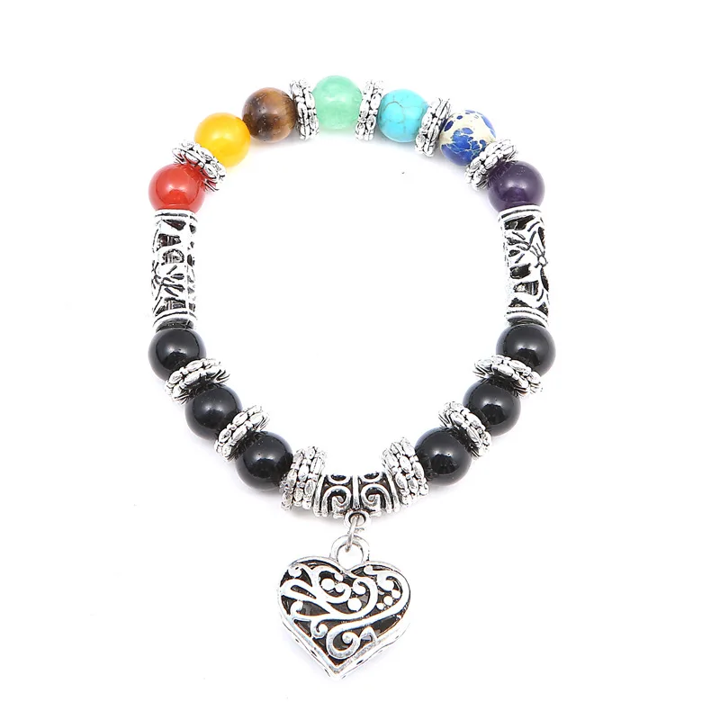

Free Shipping 7 Chakra Colorful Stone Healing Bracelet Matte Agate women Charm Heart Gemstone Bracelets for men