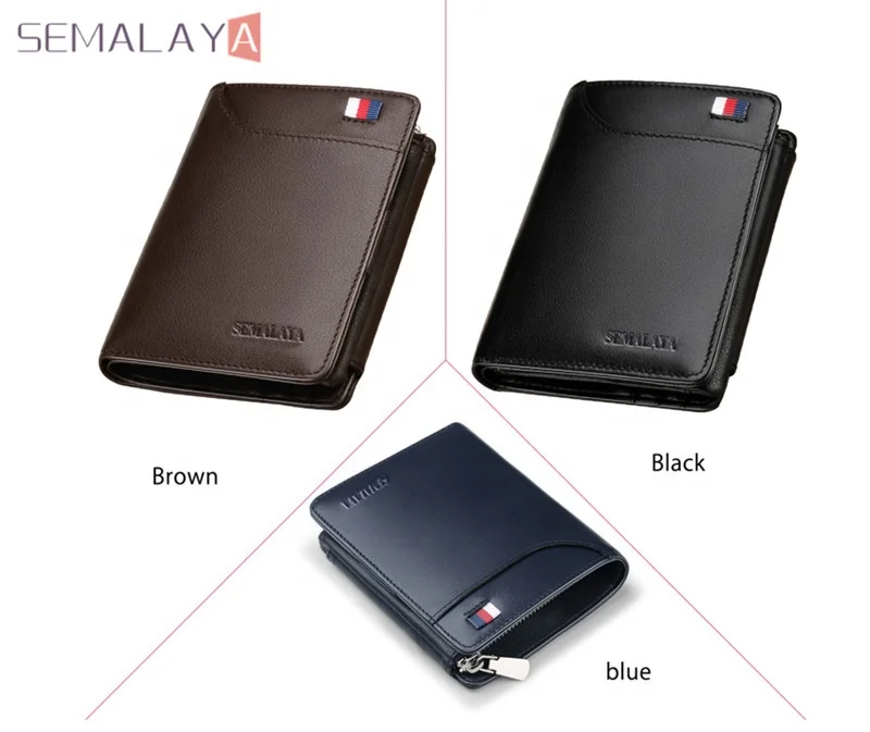 

SEMALAYA Hot selling Cow leather small style zipper card bag men's short wallet short purse High Quality Card Holder Wallet, Black/blue/brown