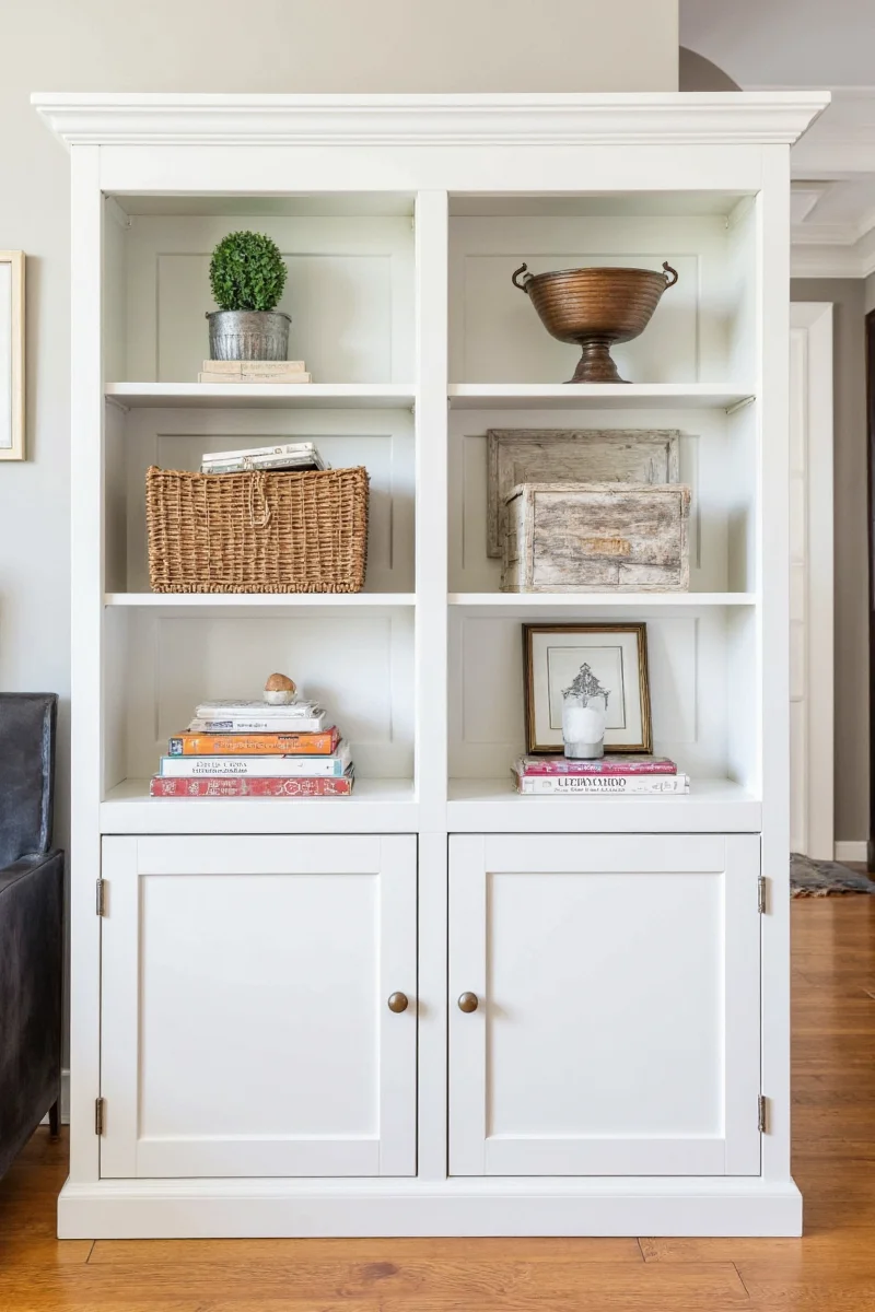 Antique white bookcase with baskets for hidden storage