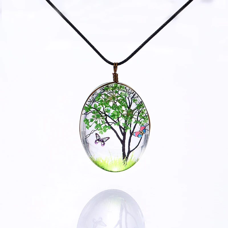 

Ins Handmade Time Dome Glass Leather Chain Boho Butterfly Dried Flower Tree of Life Pendant Necklace, 10 colors